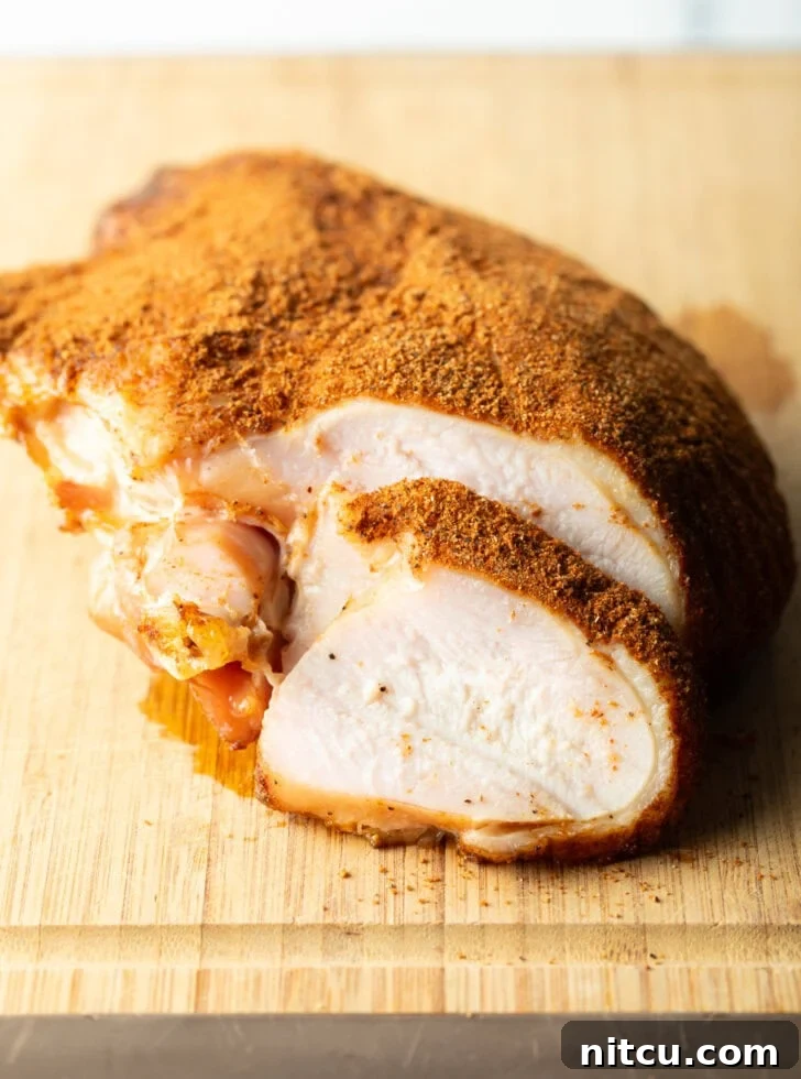 Spice-rubbed smoked turkey breast on a wood cutting board, a slice is in front of the breast.