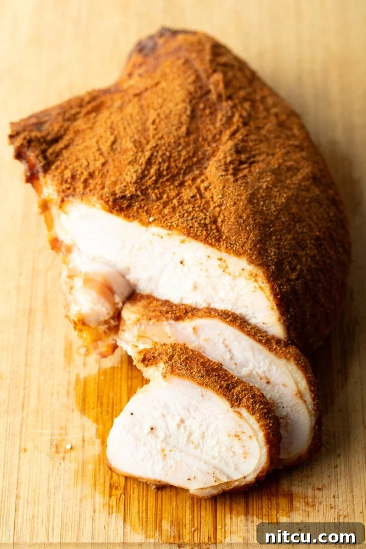 Spice-rubbed smoked turkey breast on a wood cutting board, two slices are in front of the breast.