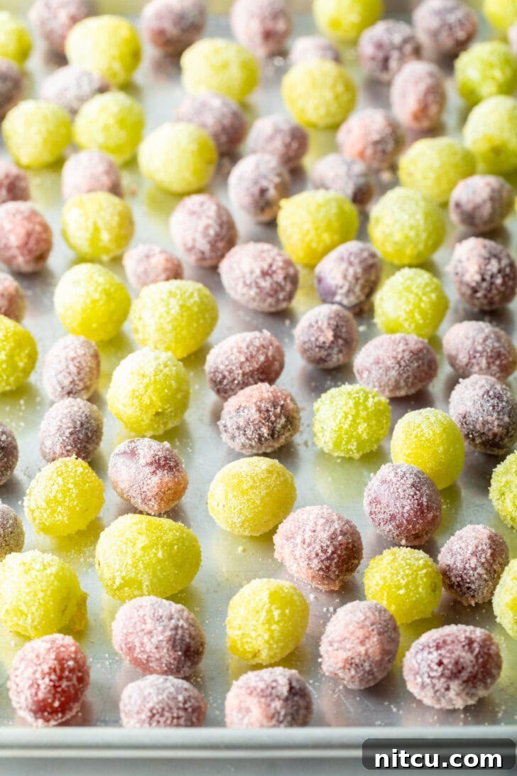 Top down view of a blend of green and purple grapes candy coated and spread on a baking sheet.
