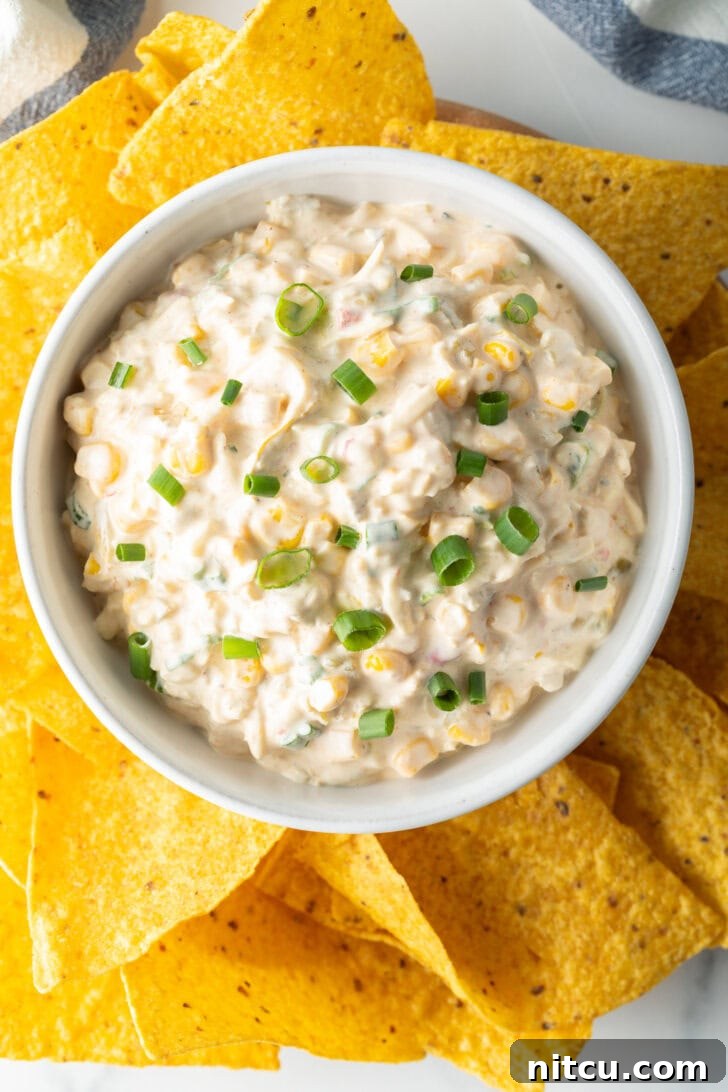 An overhead shot showcasing a vibrant bowl of Mexican street corn dip garnished with fresh green onions, surrounded by crisp tortilla chips, ready for serving.