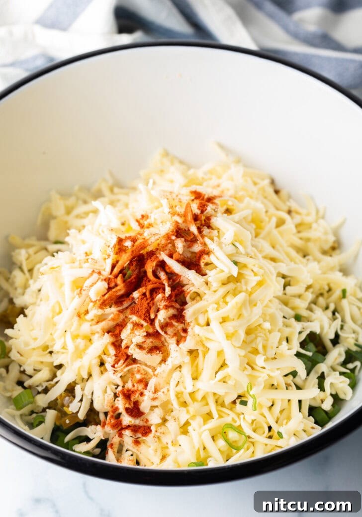 Various spices and shredded cheese being added to a bowl containing the remaining dip ingredients, ready for mixing.