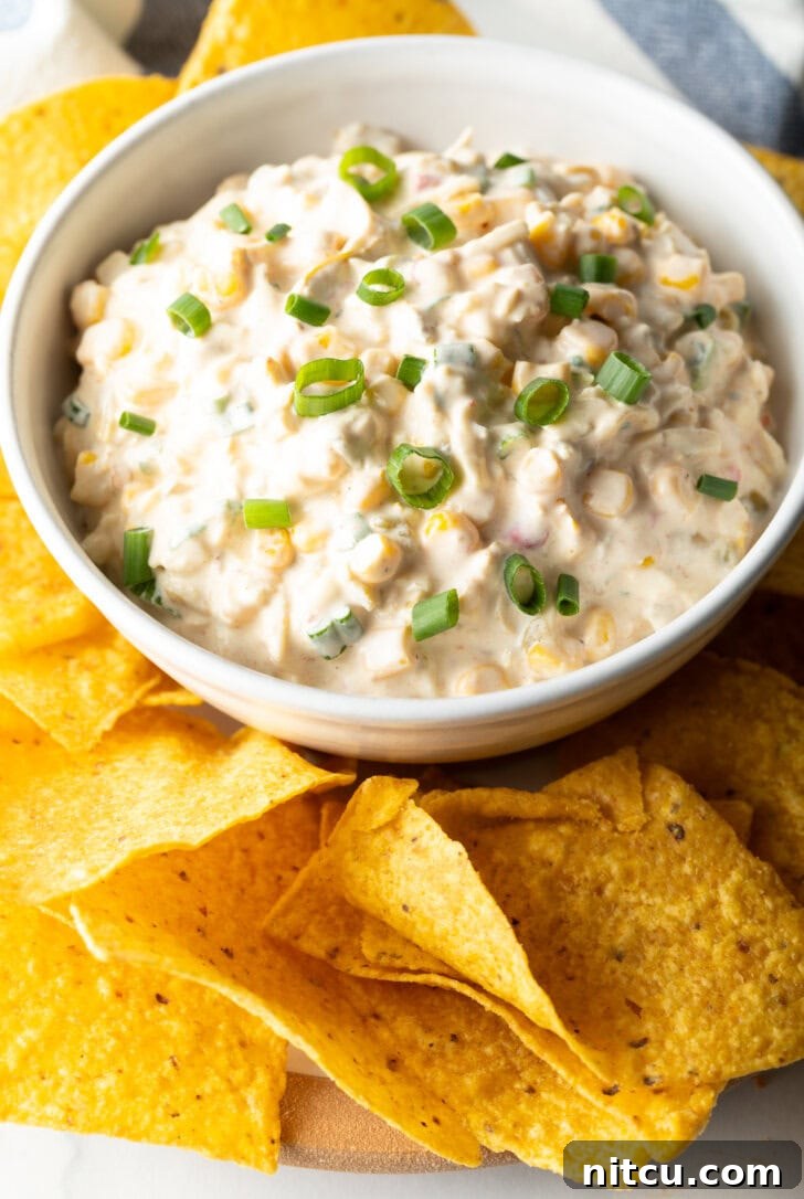 An overhead shot of a white bowl filled with Mexican street corn dip, garnished with sliced green onions, surrounded by golden tortilla chips, invitingly ready to be enjoyed.