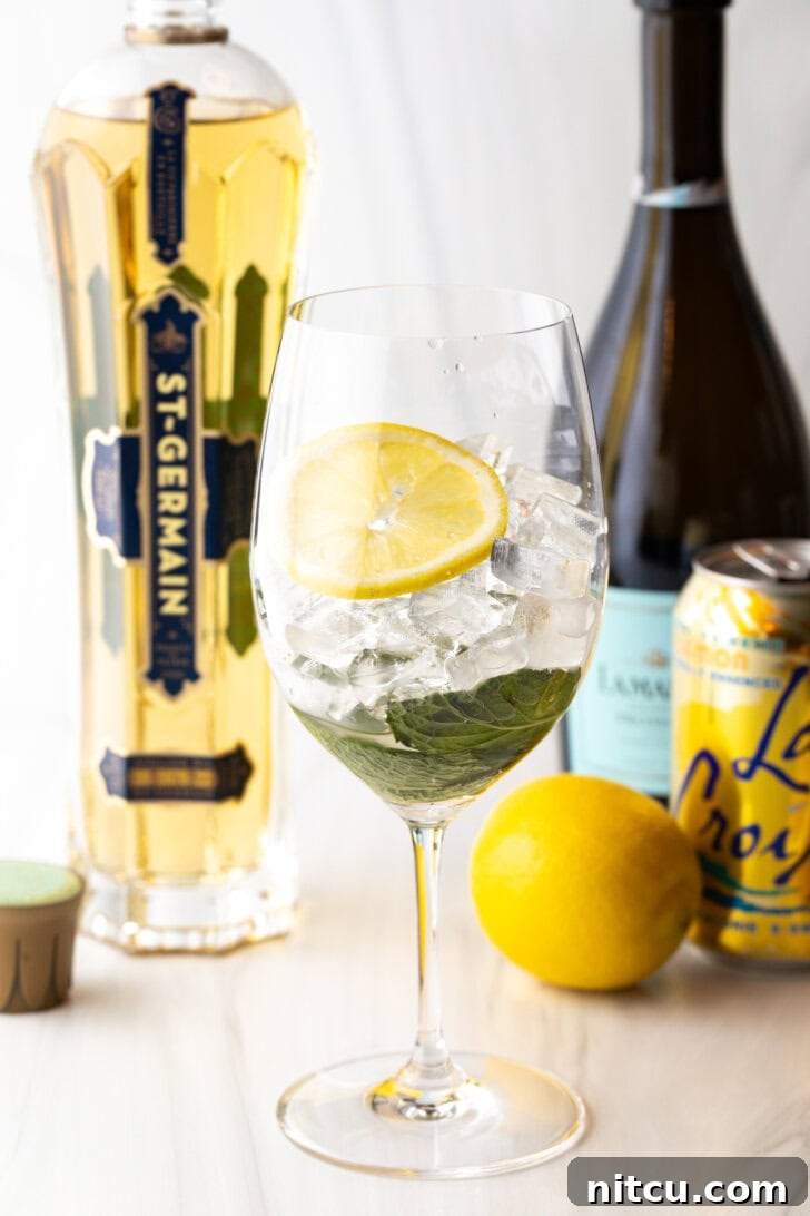Wine glass filled with mint leaves, ice, and slice of lemon.