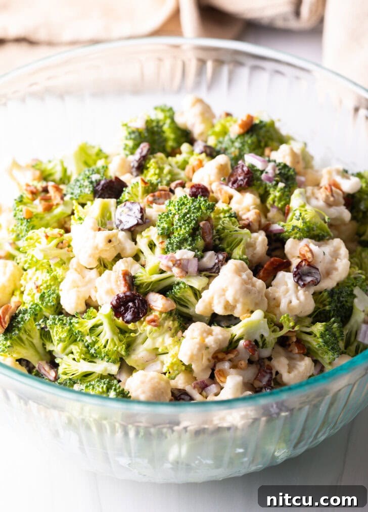 A beautifully tossed bowl of broccoli and cauliflower salad, vibrant with pecans, red onions, and cranberries, showcasing its readiness to be served.
