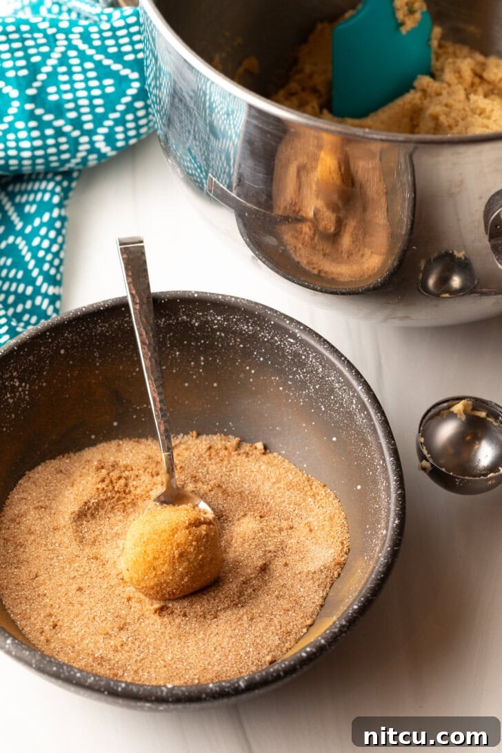 A metal scoop rolling a perfectly portioned cookie dough ball into a bowl of cinnamon and sugar for coating.