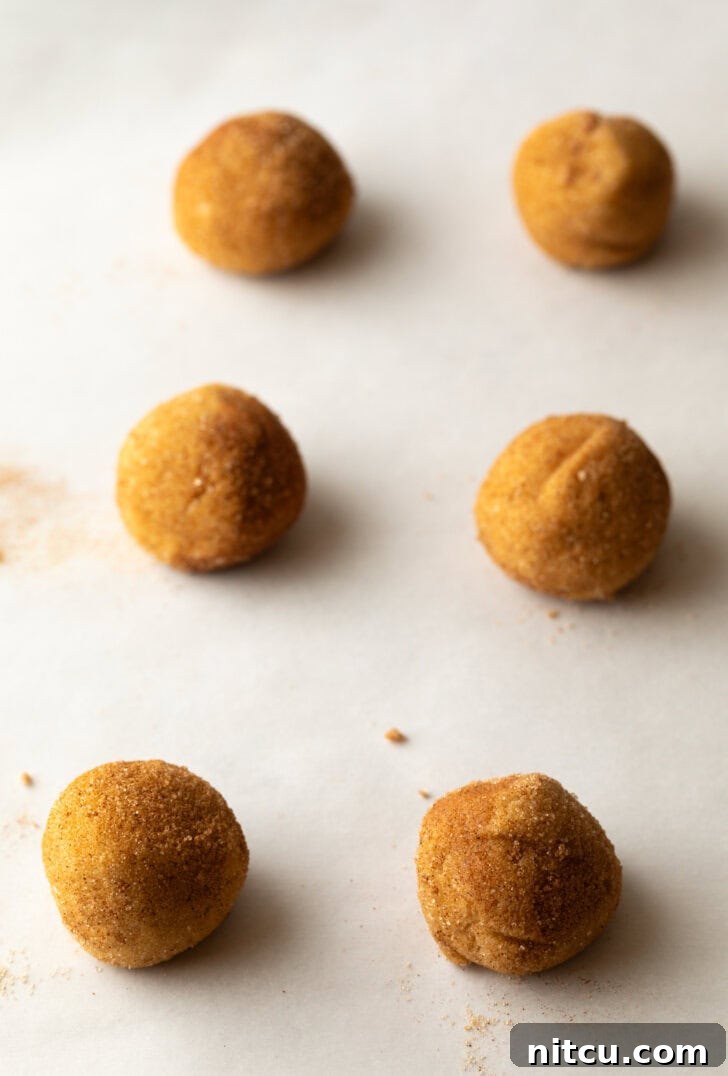 Six evenly spaced, sugar-coated cookie dough balls arranged on a parchment-lined baking sheet, ready for the oven.