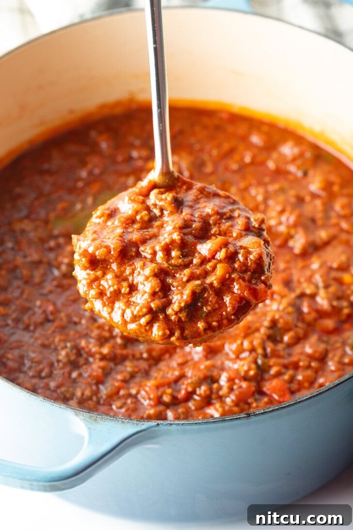 Meaty beef chili in a blue cooking pot. A ladle is showing a serving of chili without beans to camera.