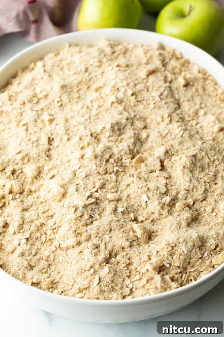 Raw oat crumble topping spread evenly over apple slices, ready for baking.