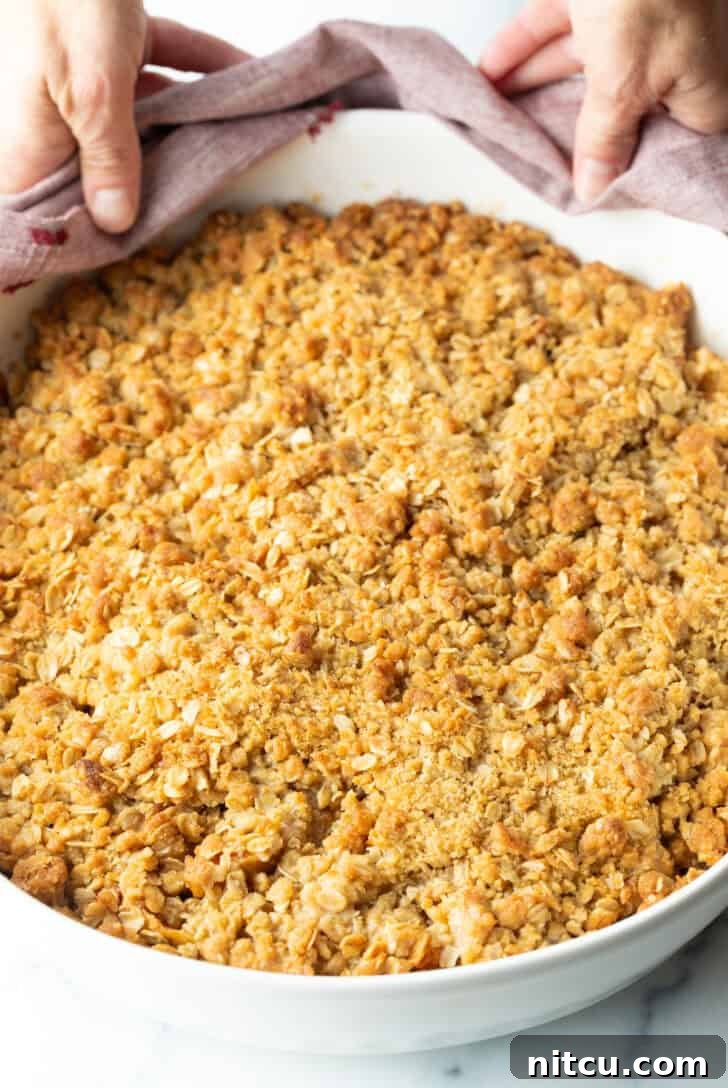 Top down view of baked apple crisp with oats, fresh out of the oven, golden and bubbly.