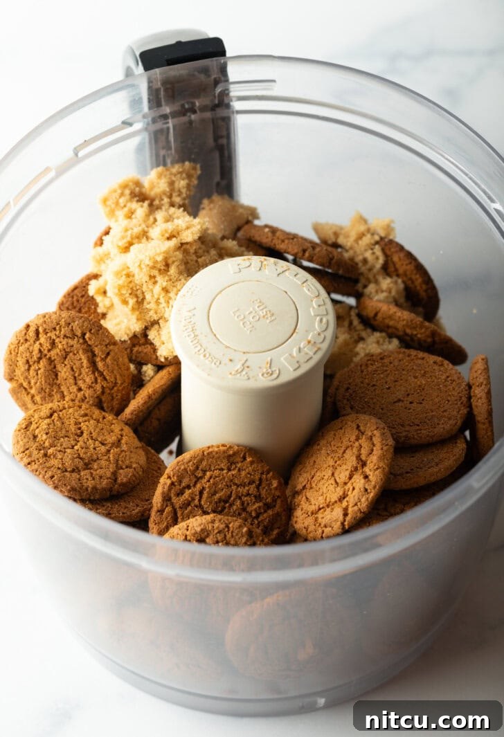 Whole gingersnap cookies in a food processor.