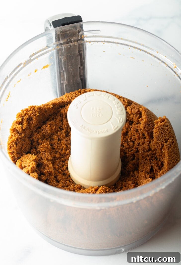 Pulverized gingersnap cookies in a food processor.