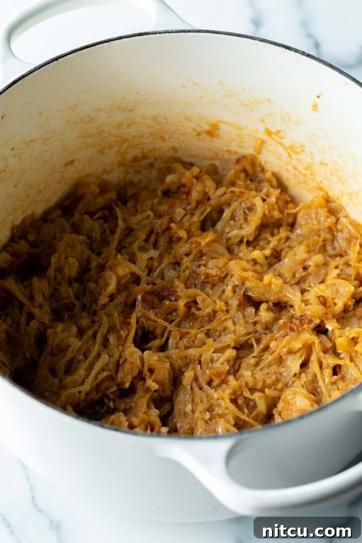 Large cooking pot with lots of caramelized onion slices.