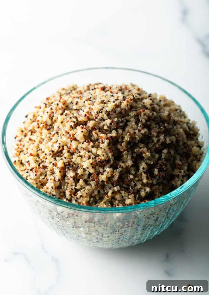 Glass bowl of fluffy quinoa.