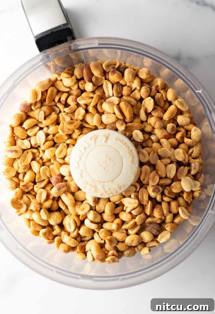 Dry roasted peanuts being poured into a food processor, ready for blending.