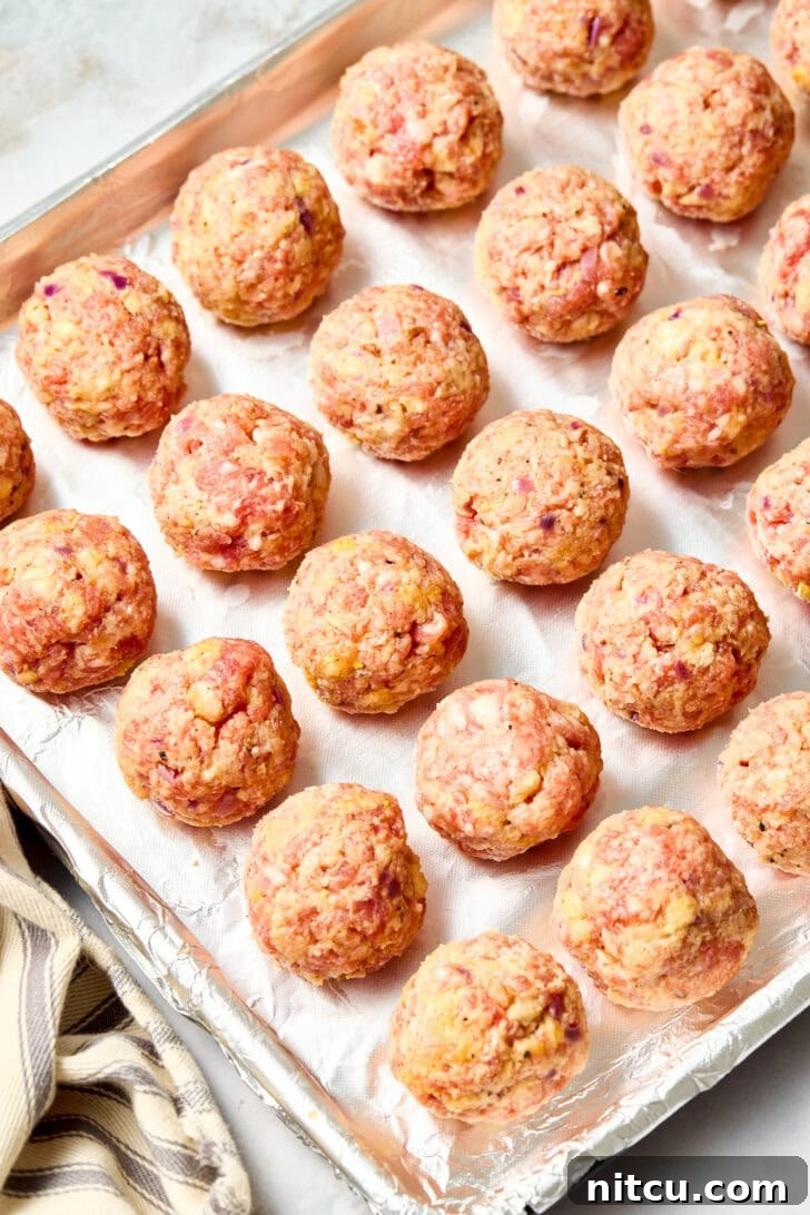 Apple Meatballs - rolled meatballs on tray