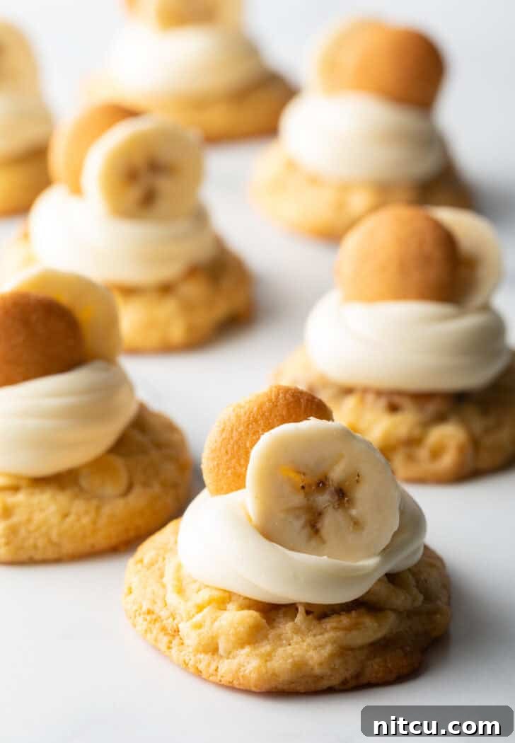 Several banana pudding cookies on a baking sheet, each topped with a dollop of vanilla frosting, a slice of fresh banana, and a Nilla wafer, showcasing their tempting appeal.