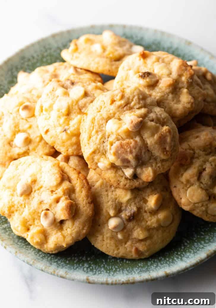 Plate of a dozen cookies with bananas and white chocolate chips, showcasing the delicious texture and ingredients.