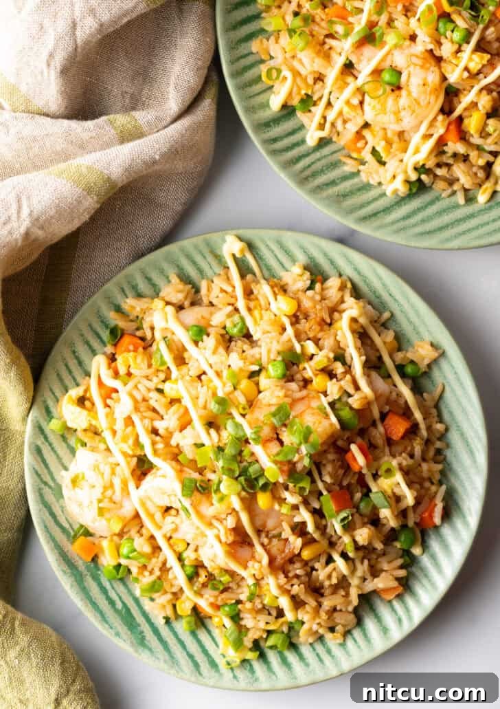 Top down view of a green plate piled high with golden shrimp fried rice, elegantly topped with a zig-zag drizzle of creamy yum yum sauce.