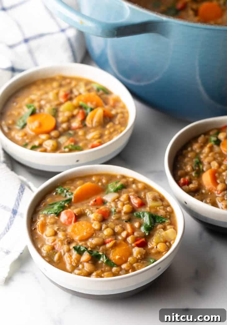 Three white bowls of rustic lentil soup, garnished with fresh carrots and vibrant kale, ready to be enjoyed.