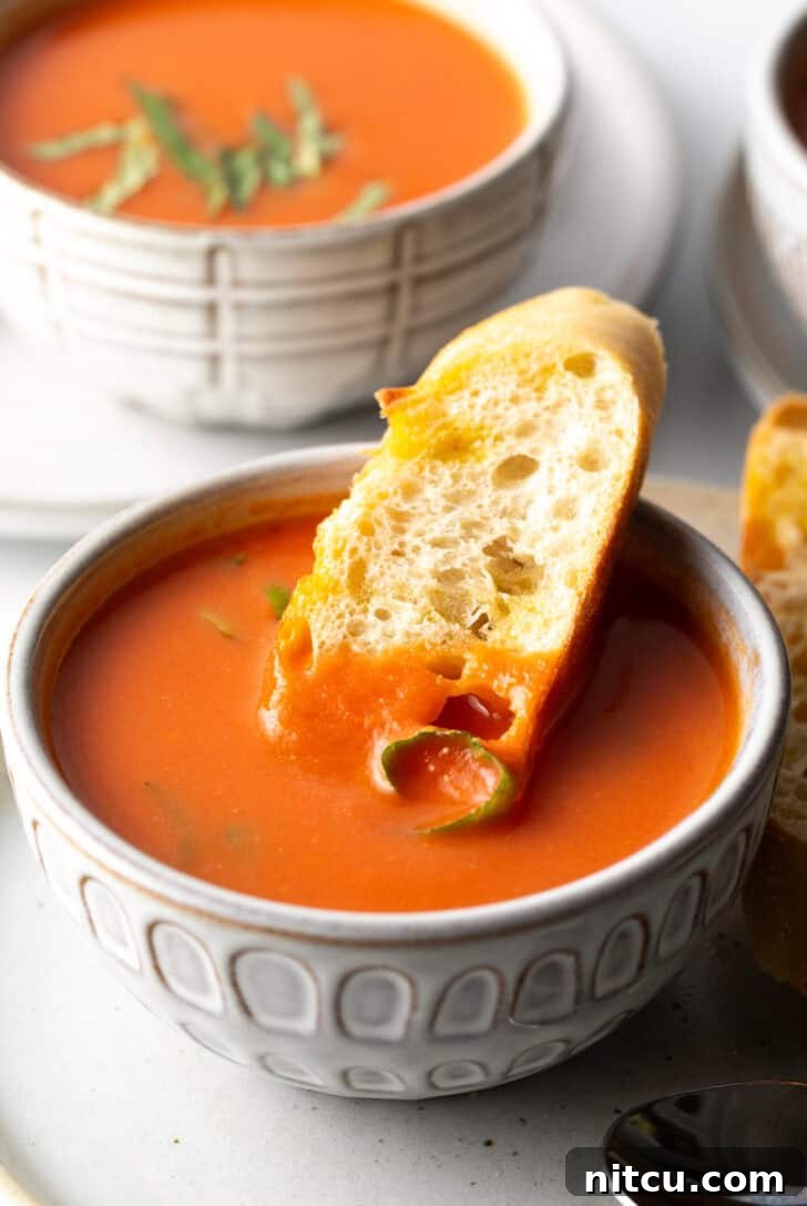 A pristine white bowl filled with creamy tomato soup, accompanied by a single slice of baguette elegantly dipped into the rich, red broth.