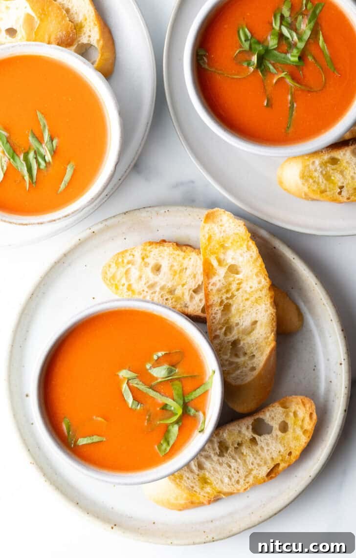 A top-down view of a generously filled bowl of creamy tomato soup placed on a white plate, artfully surrounded by three inviting slices of freshly baked baguette.