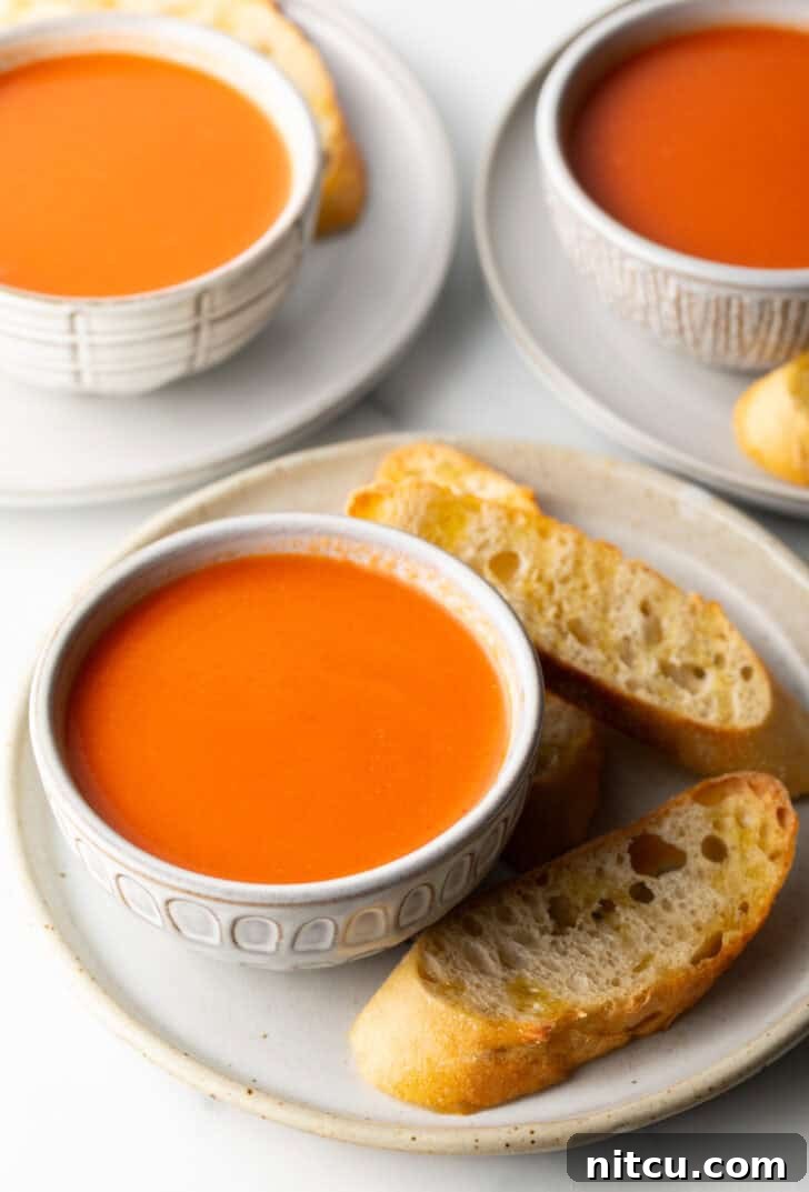 A beautiful bowl of creamy tomato soup resting on a white plate, flanked by three inviting slices of baguette, ready to be enjoyed.