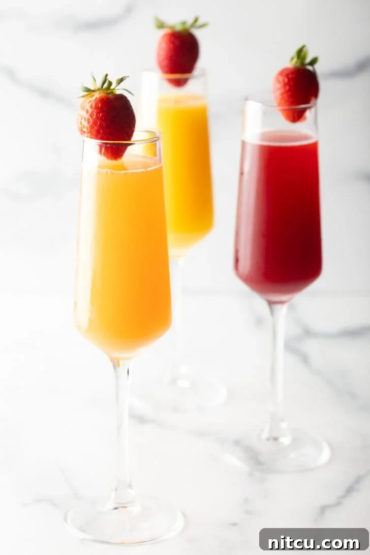 Two champagne flutes filled with orange mimosa, and another glass filled with a cranberry mimosa. Both glasses are garnished with a whole strawberry on the rim.