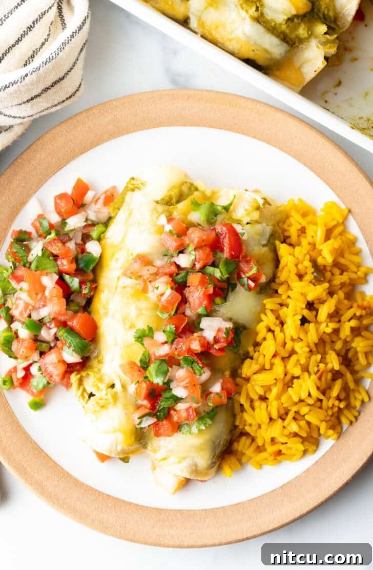 Top down view of two enchiladas next to a serving of yellow rice. A scoop of pico de gallo is on the other side of the enchiladas, and a scoop is also on top of the enchiladas.