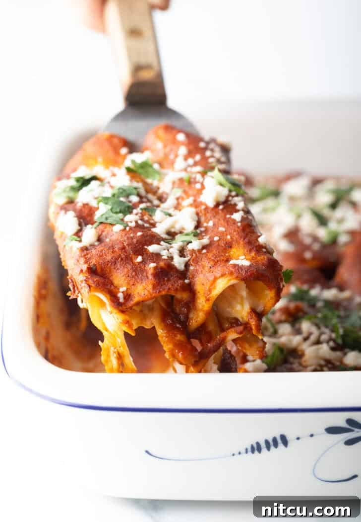 Metal spoon lifting two enchiladas from the baking dish.