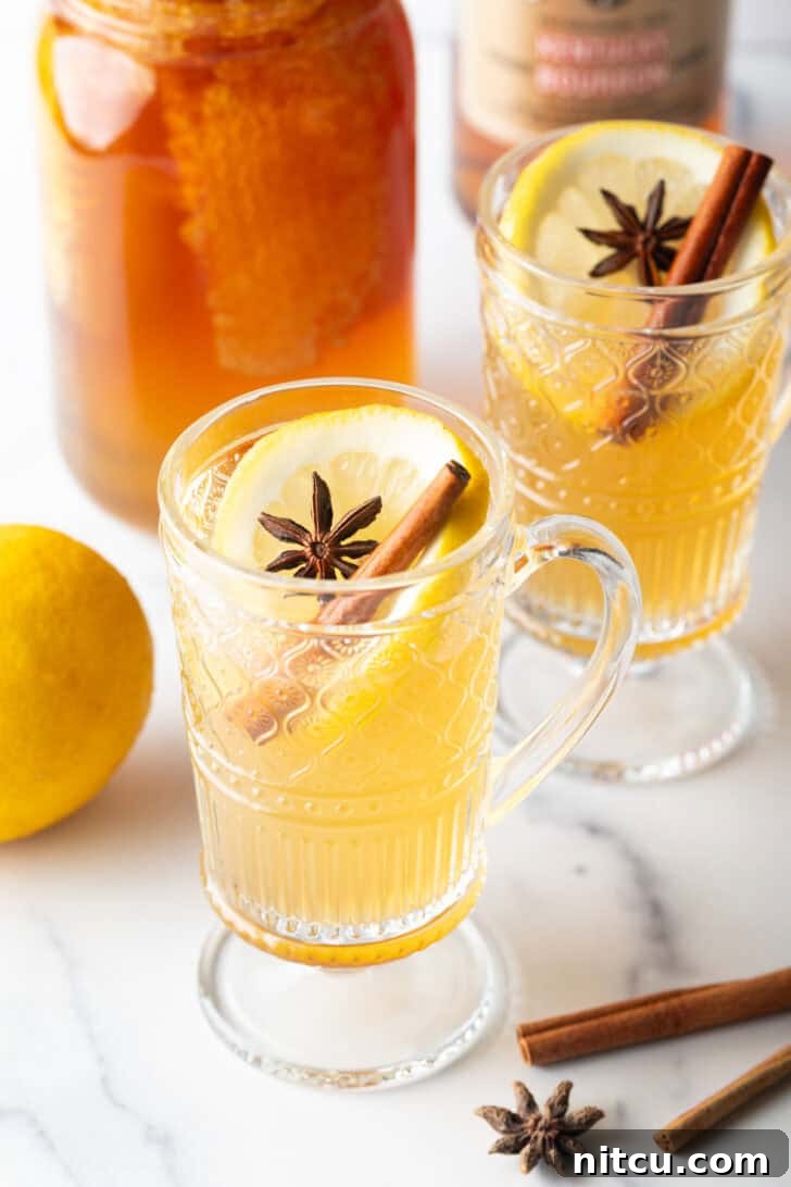 Glass handled mug with hot toddy, garnished with star anise and a cinnamon stick.