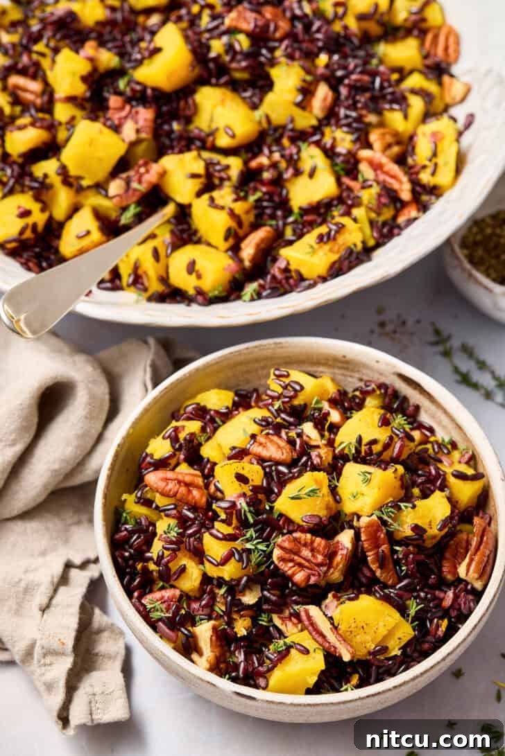 Easy black rice recipe for fall, served in a white bowl.