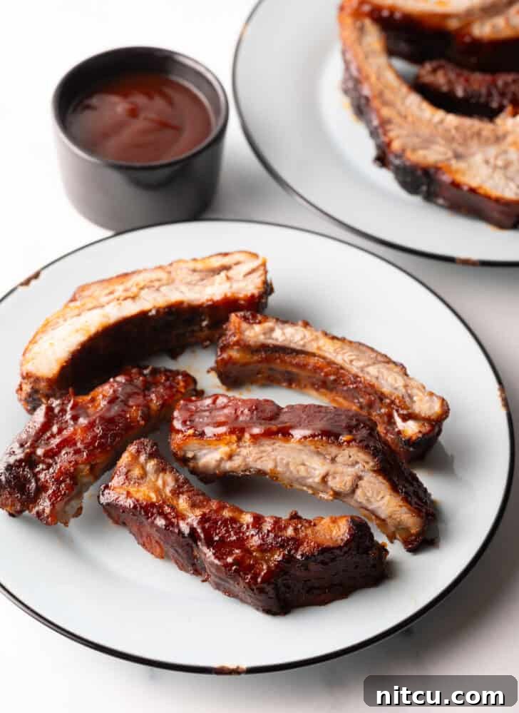 A plate featuring five perfectly air-fried baby back ribs, golden brown and glazed with barbecue sauce.