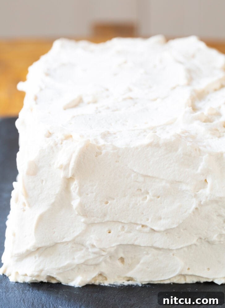 Rectangle cake frosted with whipped cream.