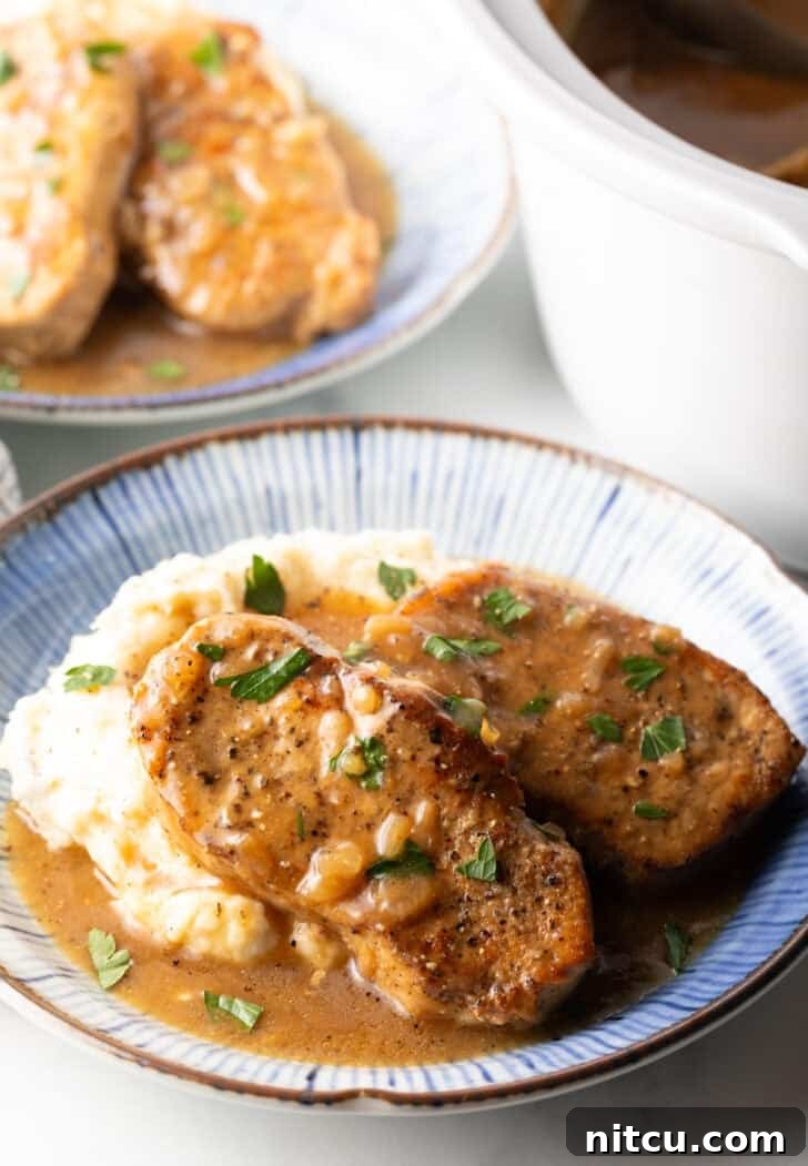 Two boneless pork chops on a plate of mashed potatoes and rich brown onion gravy, ready to be served.
