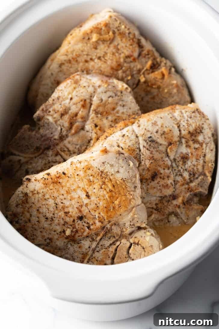 Four bone-in seared pork chops nestled comfortably in a white crock pot, ready for slow cooking in the flavorful gravy.