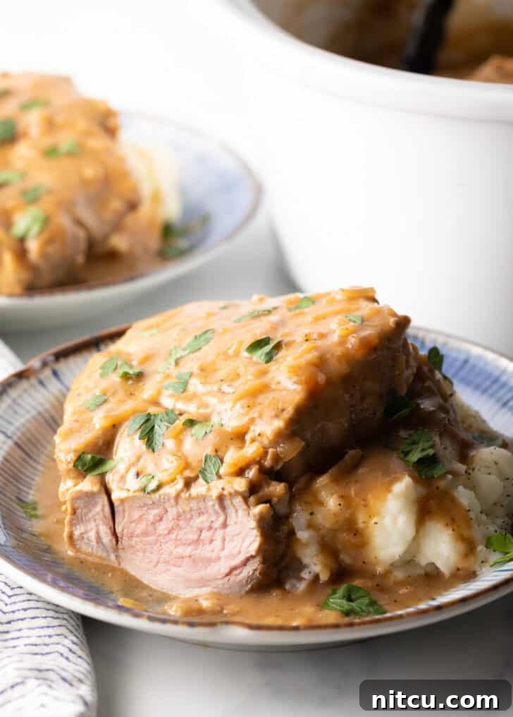 A perfectly cooked pork chop, generously covered in rich brown gravy, with a tender piece cut away, revealing its moist and juicy interior.