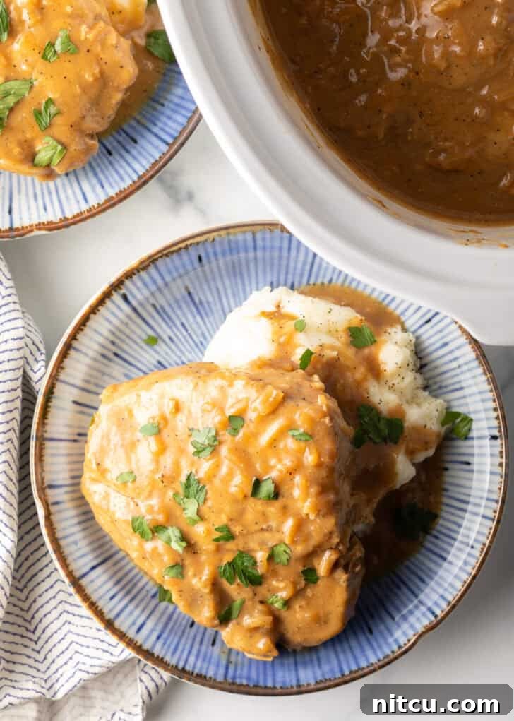 A large bone-in pork chop rests on a bed of creamy mashed potatoes, generously topped with savory onion gravy and fresh chopped parsley for garnish.