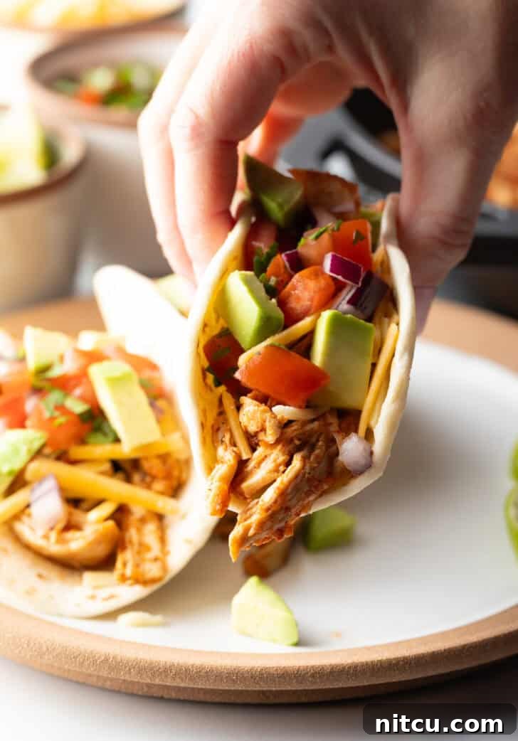 Hand picking up a taco with chicken, salsa, and chopped avocado, ready to be eaten.