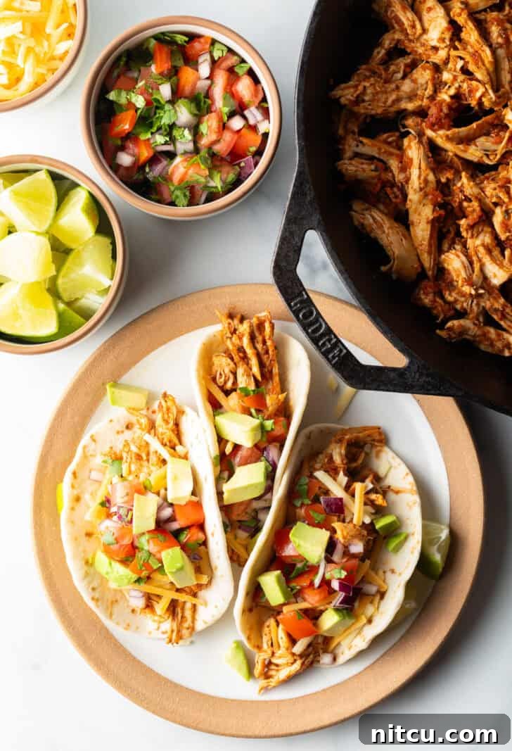 Three chicken tacos with chopped avocado on a plate together, showcasing the vibrant filling.