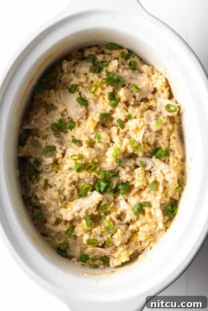 Creamy Crockpot Chicken and Brown Rice, garnished with fresh herbs, served in a white slow cooker.