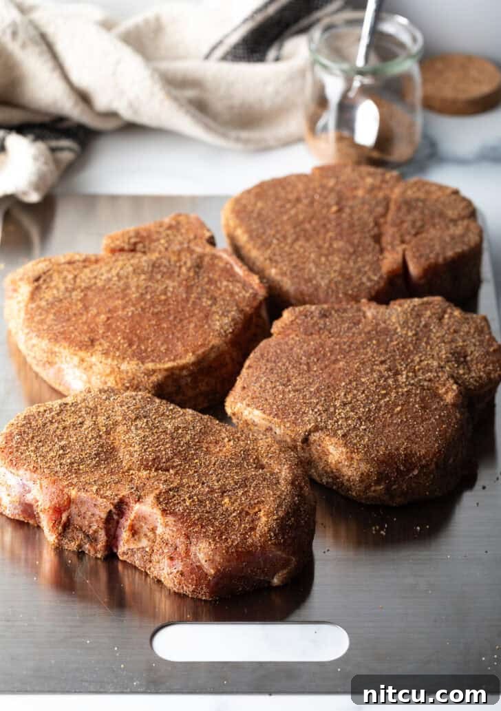 Four raw seasoned bone-in pork chops on a baking sheet, ready for cooking.