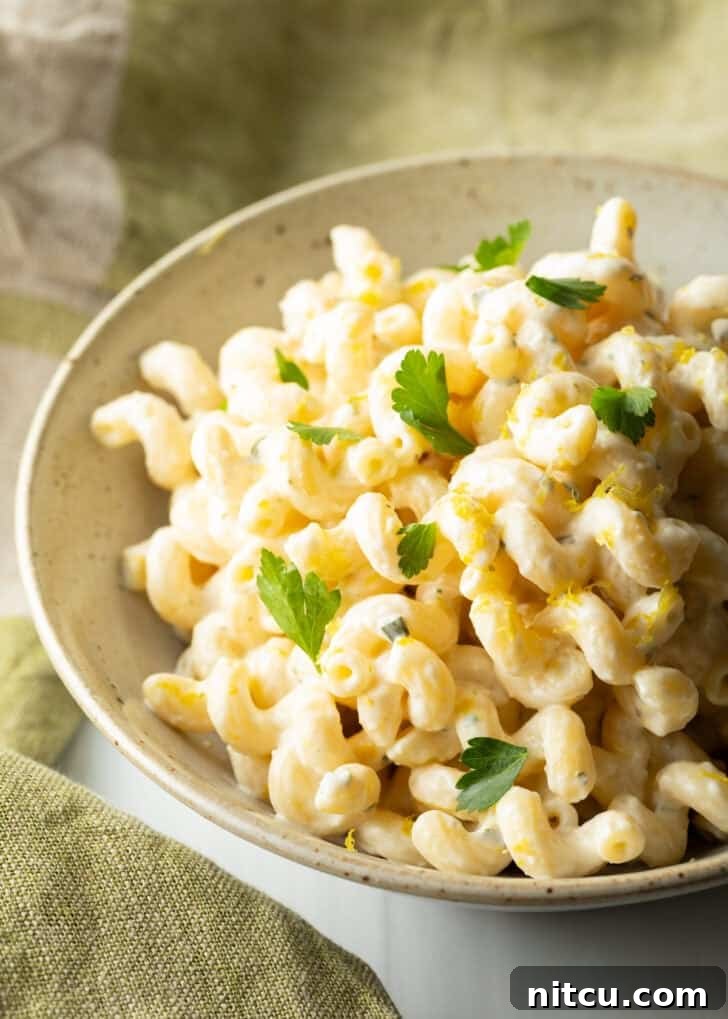 A generous bowl of creamy Boursin cheese pasta, elegantly garnished with fresh chopped parsley, ready to be served.