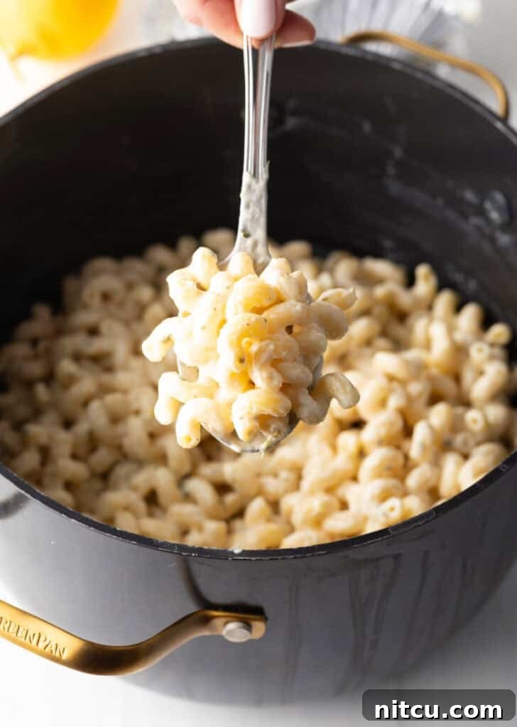 A hand holding a spoonful of perfectly cheesy pasta, glistening with sauce, above a black pot of freshly cooked noodles.