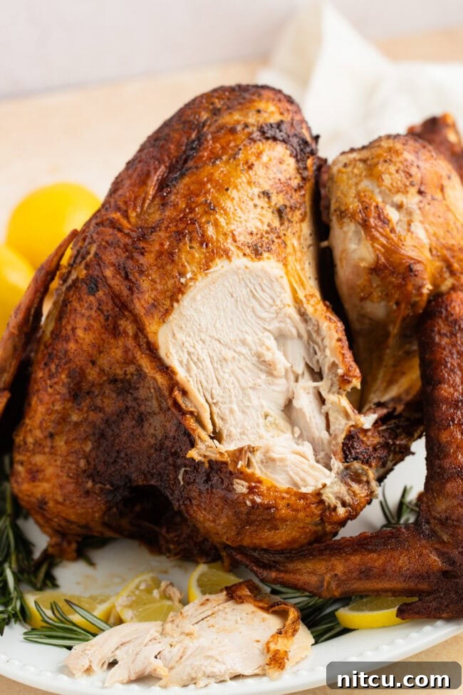 Turkey on a platter with a slice cut off.