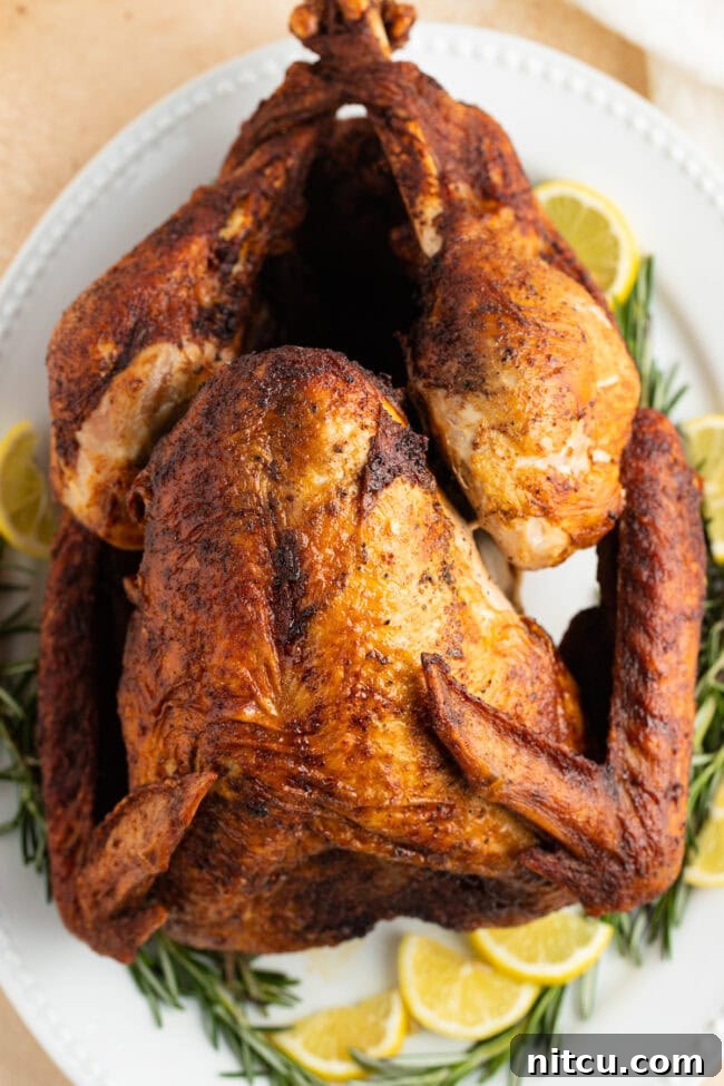 Turkey served on a serving dish with herbs and lemons.
