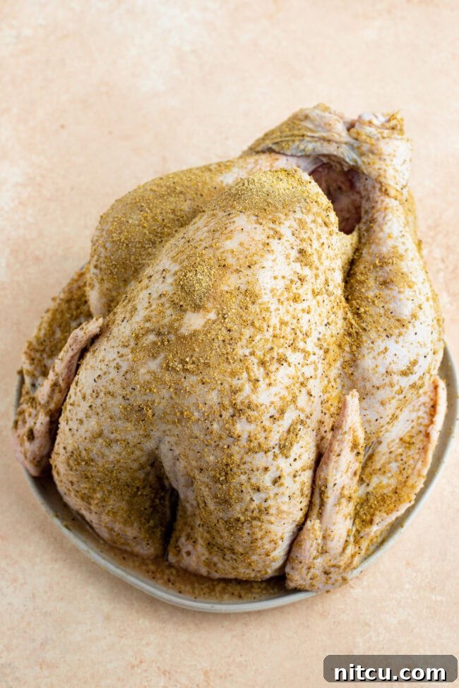 Raw turkey covered in the homemade spice blend.