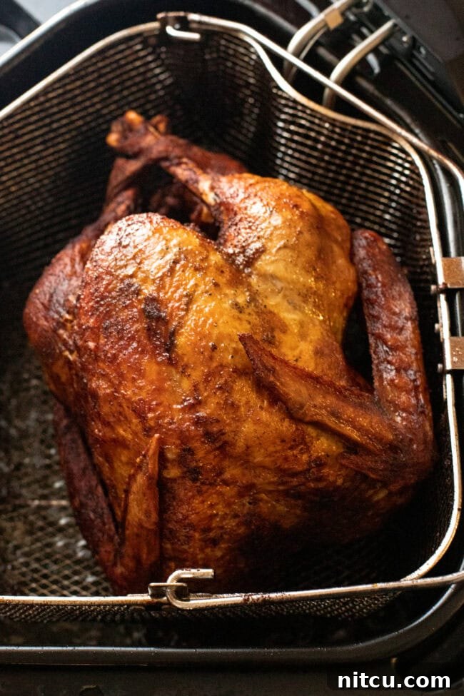 Turkey in a fry basket after being fried.