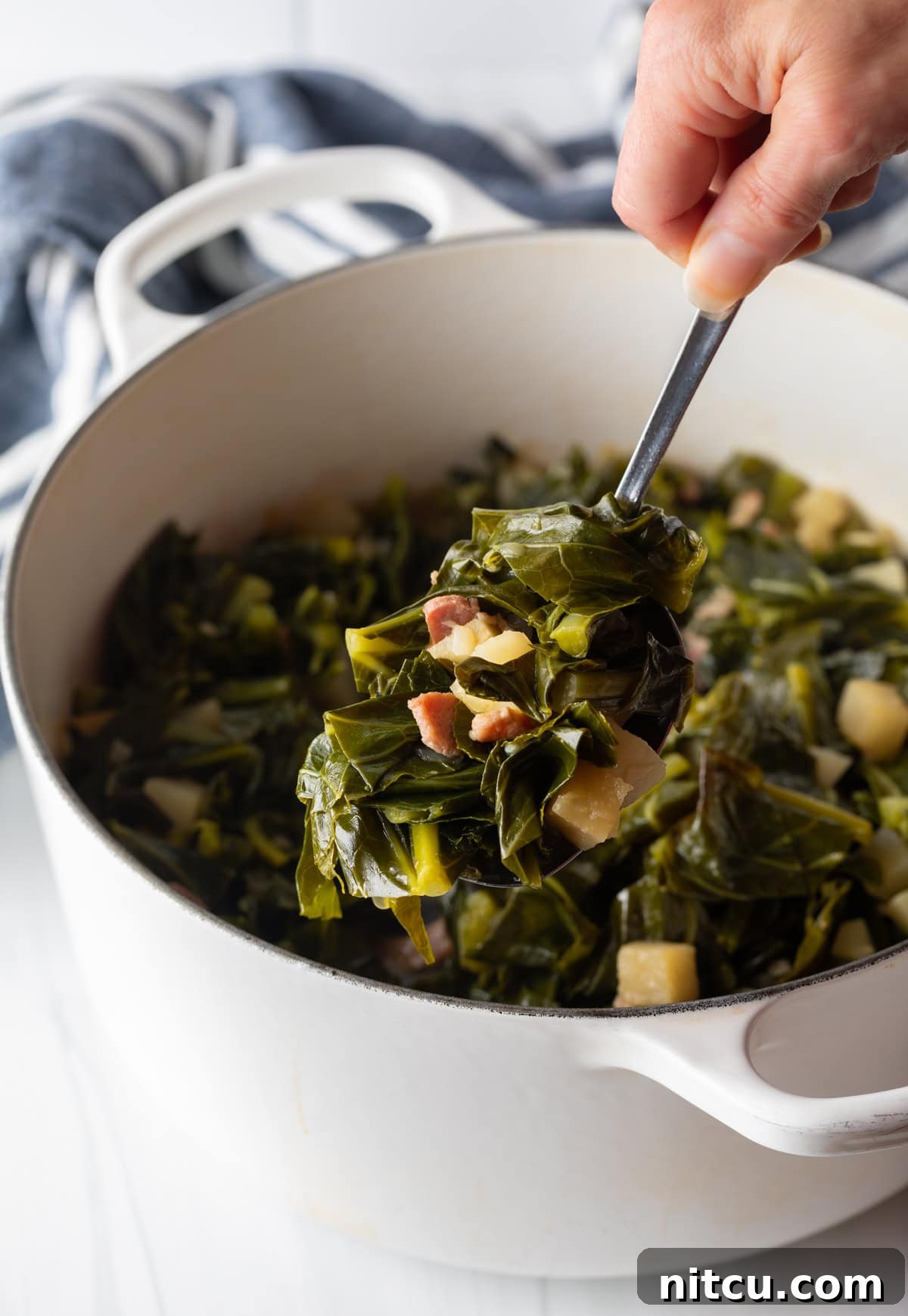 A hand holding a spoonful of tender collard greens, showcasing the rich texture and delicious broth, with more greens visible in the background.
