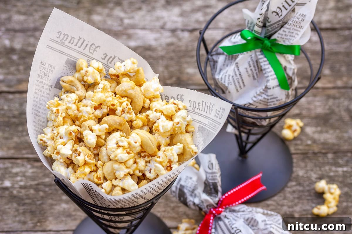 Homemade microwave caramel corn beautifully arranged in individual paper wrappers tied with festive bows, perfect for gifting.