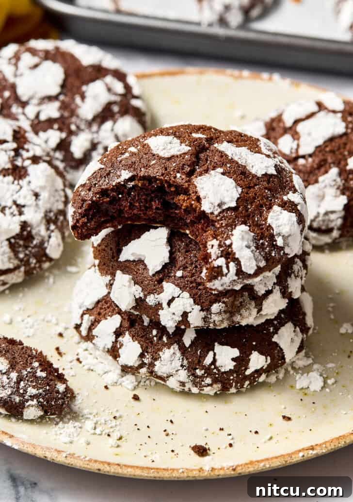 Mexican Mocha Crinkle Cookies Recipe stacked on plate with bite taken out of top cookie, showcasing the perfect crinkles and fudgy interior.